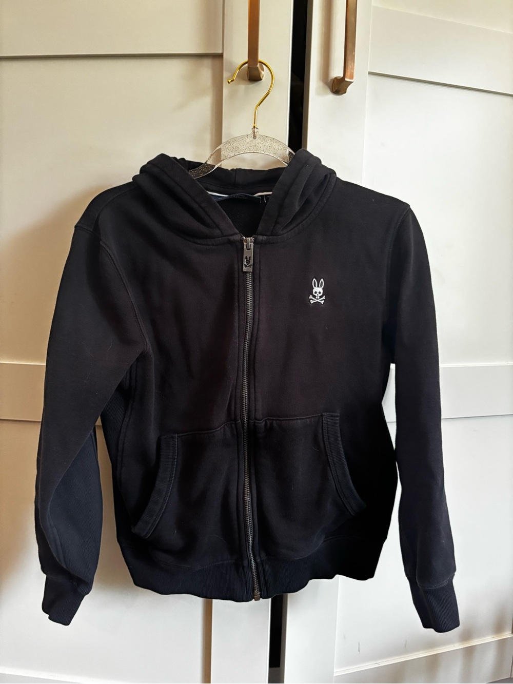 Psycho Bunny Black Kids Zip Hoodie with White Bunny Logo Medium 10-12